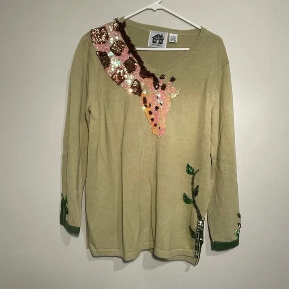 Vintage Storybook Knits Sequin Giraffe Jungle V-Neck Sweater - Picture 1 of 8